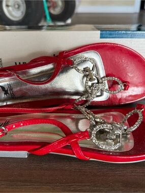 Women's Red Rhinestone T-Strap Sandals with Silver Footbed